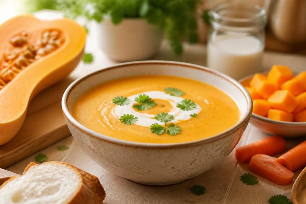 découvrez une recette facile et savoureuse de potage à la courge butternut avec lait de coco et carottes, idéale pour réchauffer vos repas tout en douceur.