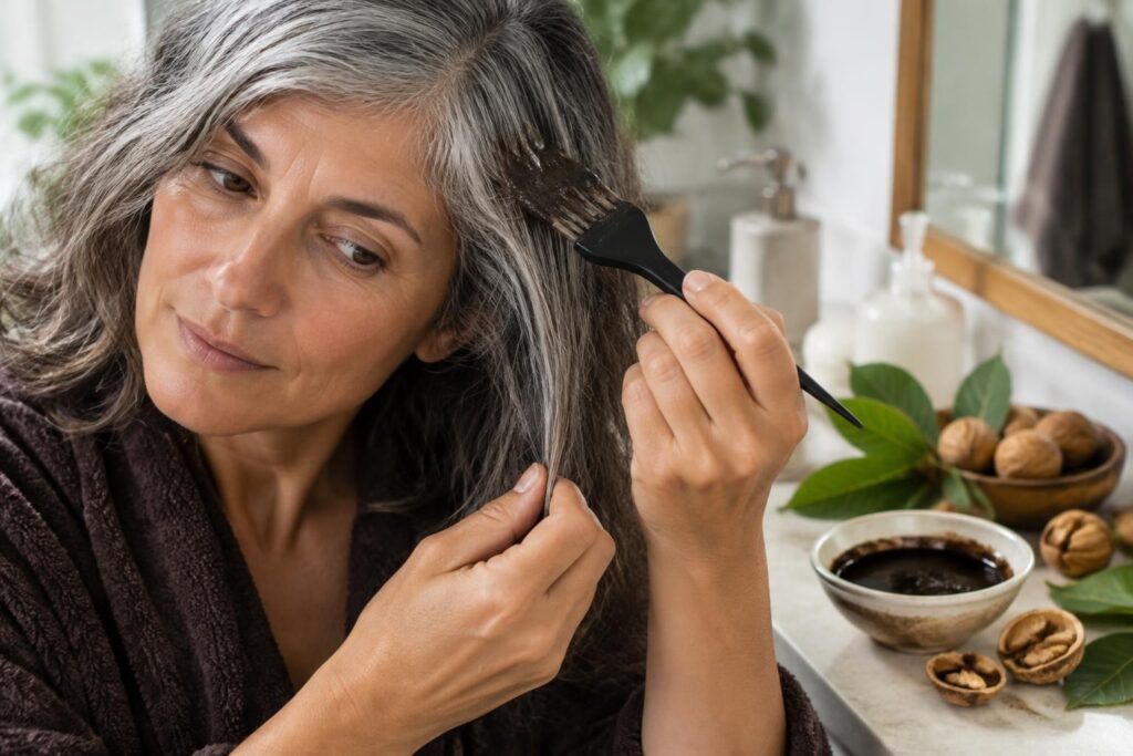 découvrez comment utiliser le brou de noix pour colorer naturellement les cheveux blancs et gris et raviver les reflets bruns.